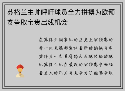 苏格兰主帅呼吁球员全力拼搏为欧预赛争取宝贵出线机会