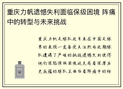重庆力帆遗憾失利面临保级困境 阵痛中的转型与未来挑战
